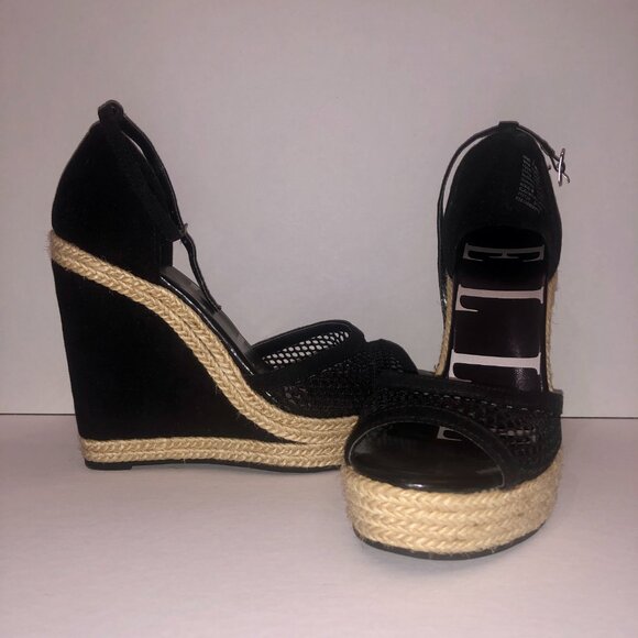 ELLE Espadrille Black and Tan Wedge Sandals Chunky Shoes 6 - Black and Tan - Picture 1 of 3